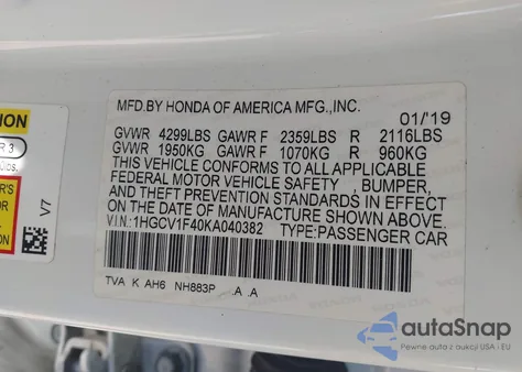 2019 Honda Accord Ex from USA, damaged, VIN 1HGCV1F40KA040382
